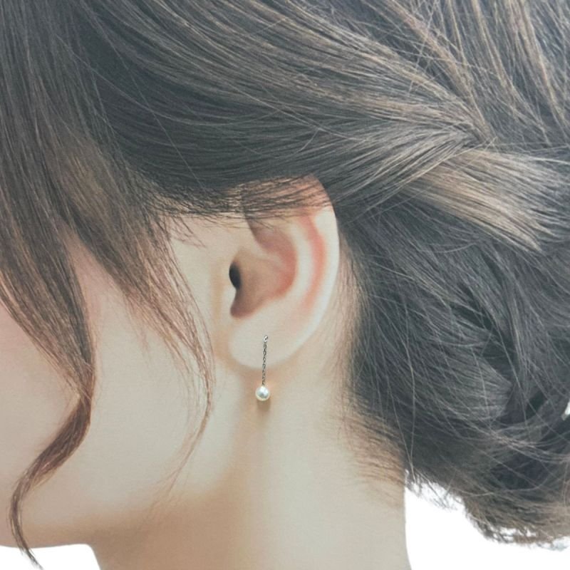 アコヤ真珠 K14WG ロングチェーンピアス ラウンド ホワイト 4-4.5mm