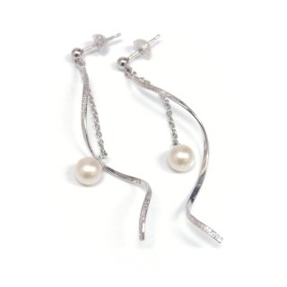 アコヤ真珠 K10PG ロングチェーンピアス ラウンド ホワイト 5-5.5mm