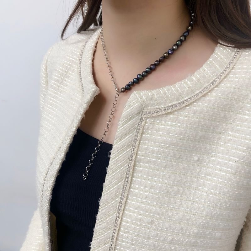 淡水真珠チェーンパールネックレス ブラック ブラックスピネル 50cm 