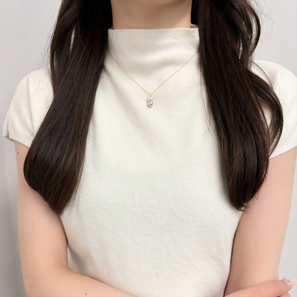 アコヤ真珠 ツインパールペンダント  6-7mm ナチュラルグレー 無調色 K18YG 40cm スクリューチェーン 明治神宮奉献品