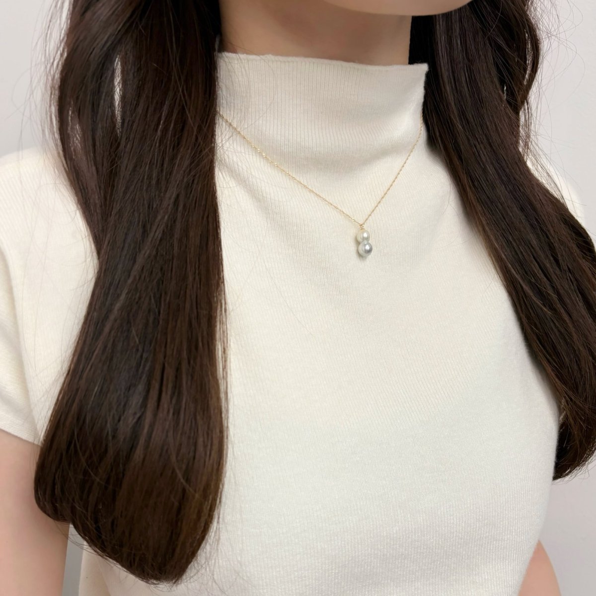 アコヤ真珠 ツインパールペンダント  6-7mm ナチュラルグレー 無調色 K18YG 40cm スクリューチェーン 明治神宮奉献品