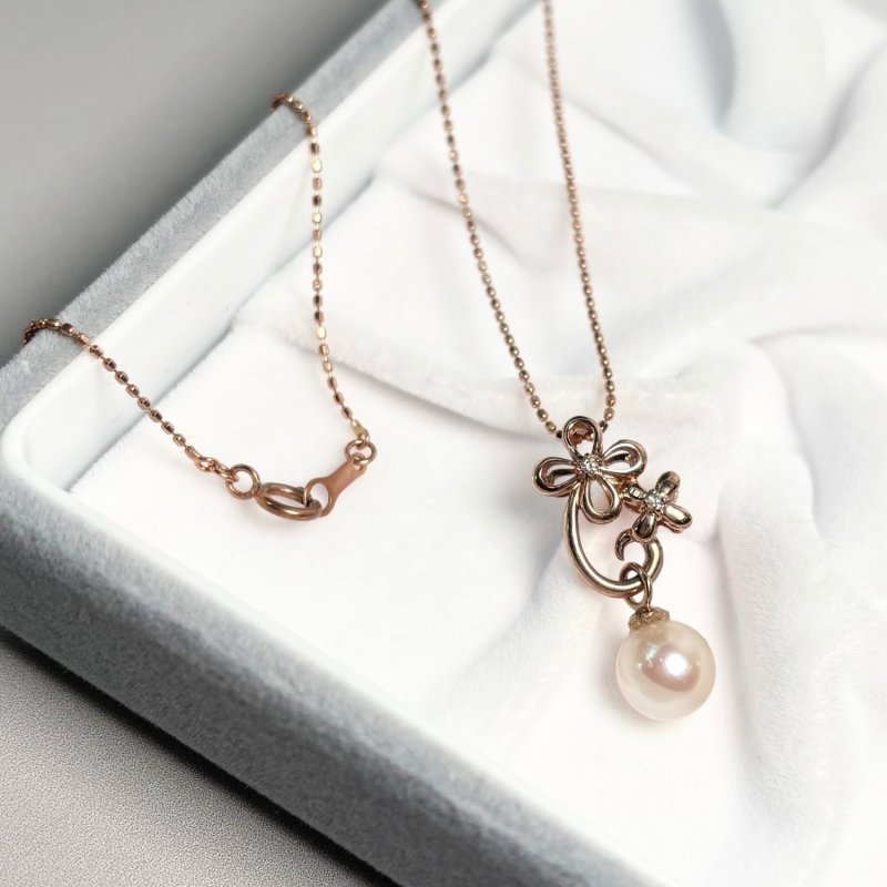 花モチーフ 真珠 ペンダントネックレス アコヤ真珠 花モチーフ 一粒パールペンダント 7-7.5mm ダイヤ K10PG