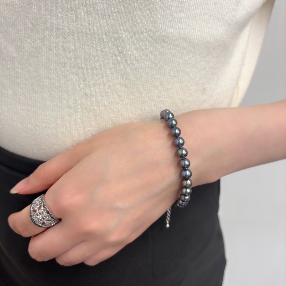 アコヤ黒真珠 パールブレスレット  6-6.5ｍｍ ブラック セミラウンド SV925製 18cm＋3cm