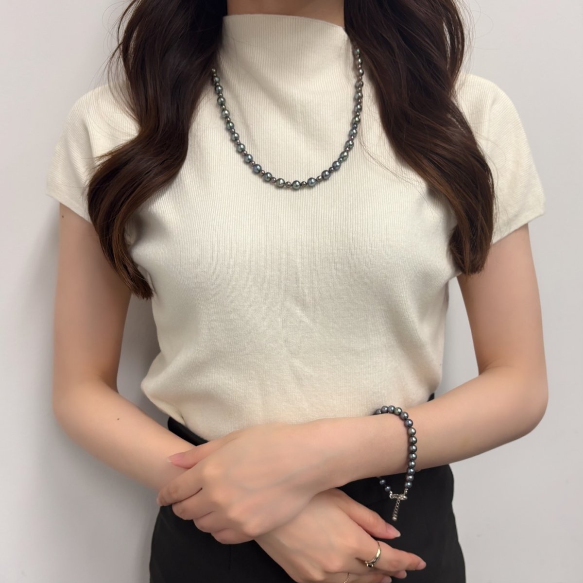 アコヤ黒真珠 パールブレスレット  6-6.5ｍｍ ブラック セミラウンド SV925製 18cm＋3cm