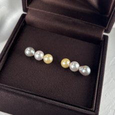 アコヤ真珠 3連パールピアス ホワイト イエロー グレー 6-6.5ｍｍ  6.5-7mm バロック型  K14WG