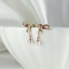 アコヤ真珠 パールピアス 3.5-4mm ホワイト ルビー K18YG 1点物