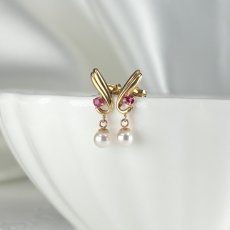 画像1: アコヤ真珠 パールピアス 3.5-4mm ホワイト ラウンド ルビー K18YG  1点物 (1)
