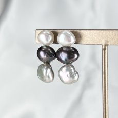 淡水真珠 3連パールピアス  イヤリング 7-11ｍｍ ホワイトグレー ブラック グレー バロック フラット SV925製 