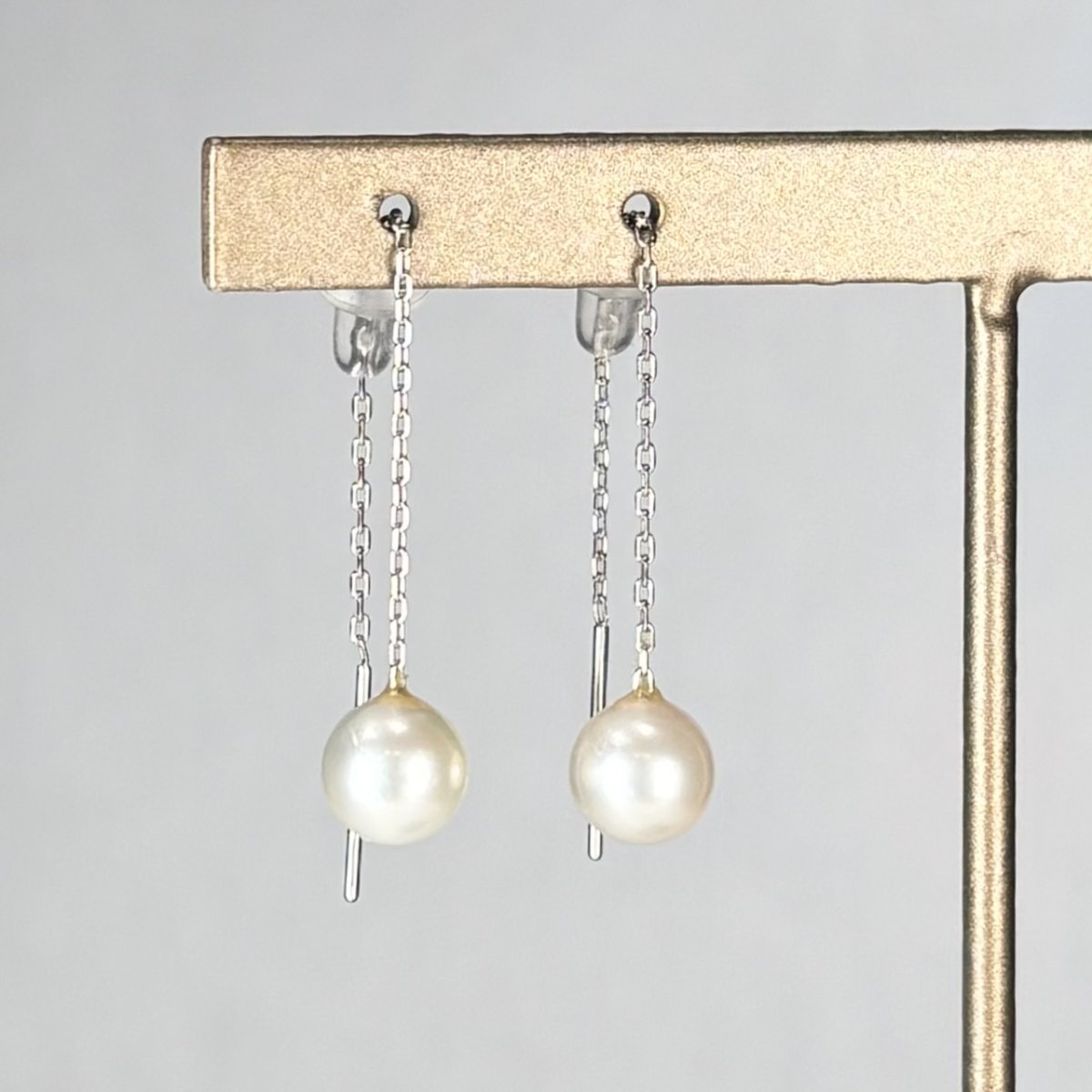 アコヤ真珠 チェーンパールピアス 6-6.5mm ホワイト ラウンド K14WG アメリカンチェーン