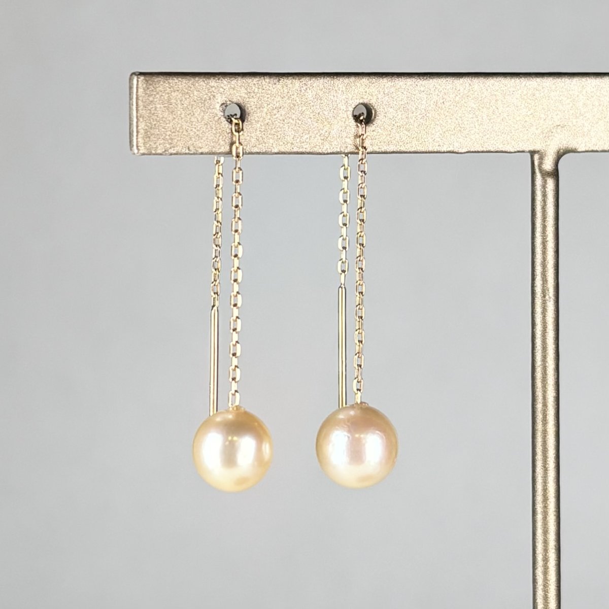 画像2: アコヤ真珠 チェーンピアス 6-6.5mm ゴールド 無調色 ラウンド K18YG あずきチェーン (2)