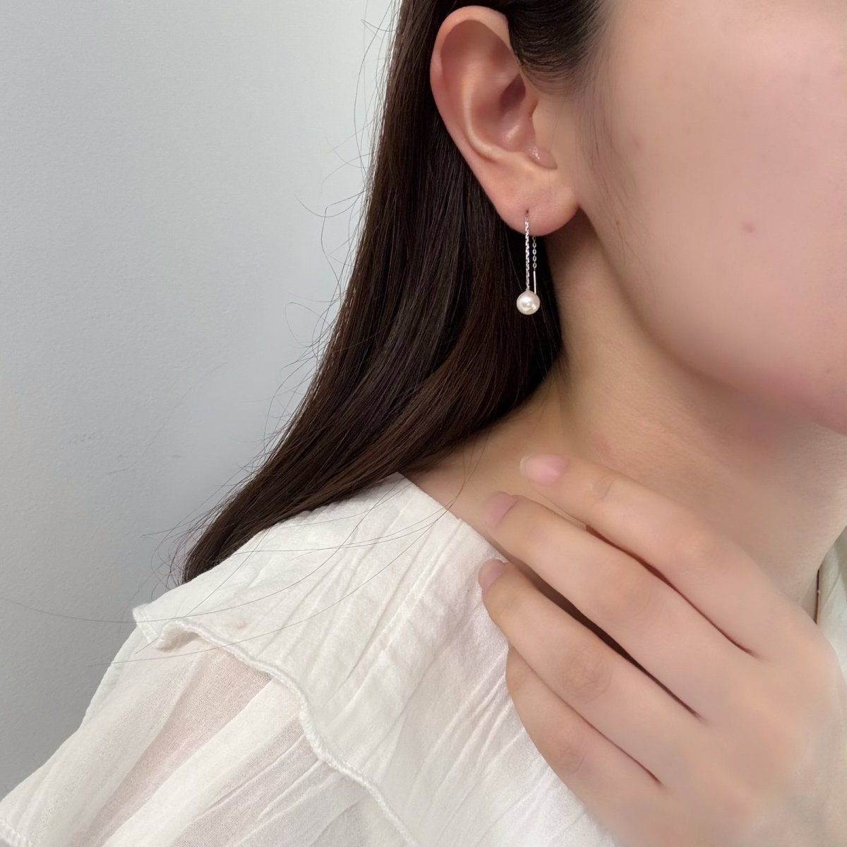 画像4: アコヤ真珠 チェーンパールピアス 6-6.5mm ホワイト ラウンド K14WG アメリカンチェーン (4)