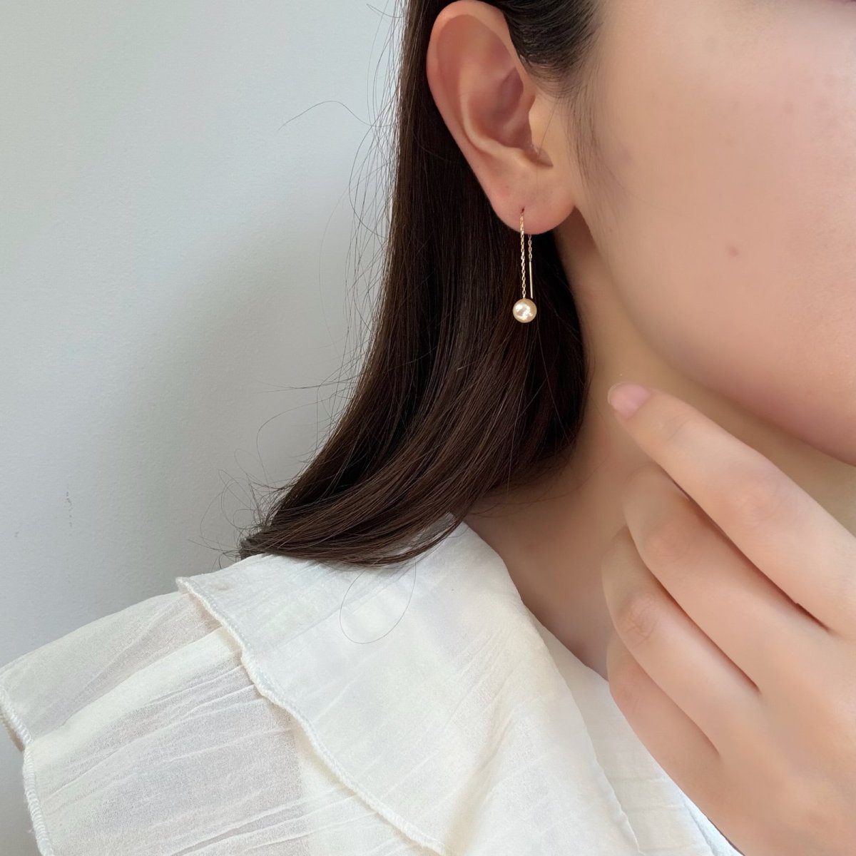 画像4: アコヤ真珠 チェーンピアス 6-6.5mm ゴールド 無調色 ラウンド K18YG あずきチェーン (4)