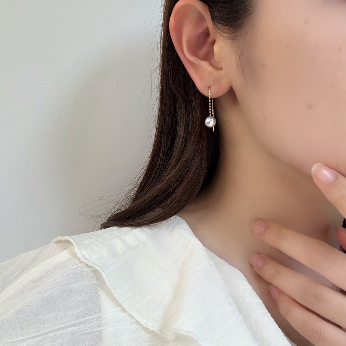 画像4: アコヤ真珠 バロックパール ロングチェーンピアス  6.5-7mm ナチュラルグレー  無調色 K14WG　K18YG　 (4)