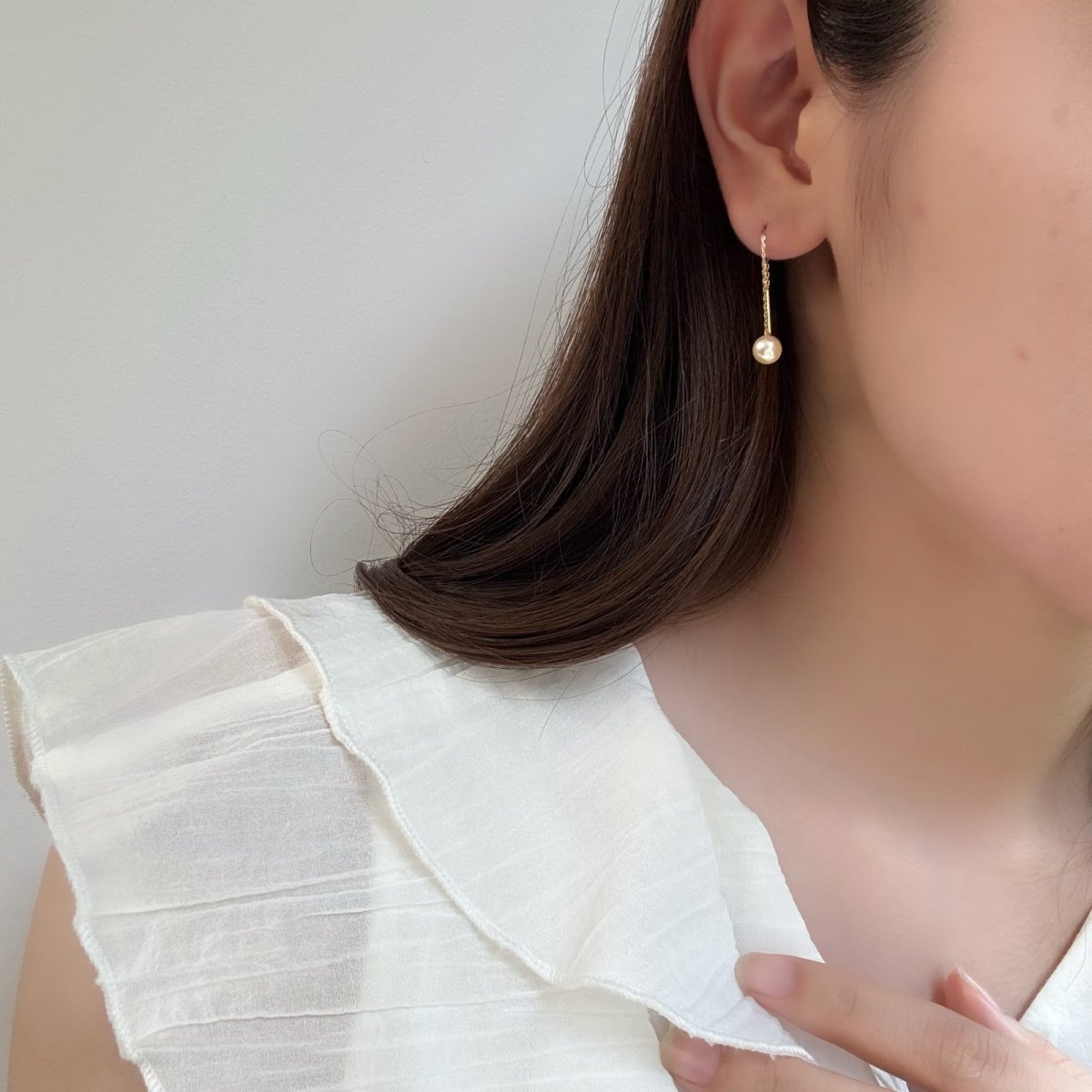 画像5: アコヤ真珠 チェーンピアス 6-6.5mm ゴールド 無調色 ラウンド K18YG あずきチェーン (5)