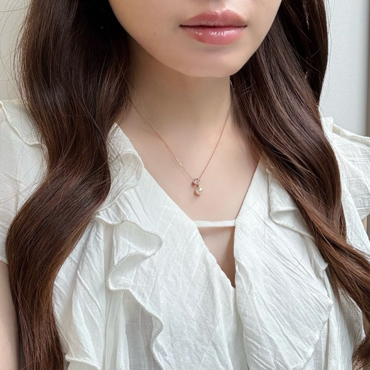 画像5: アコヤ真珠 パールペンダント クローバーモチーフ 6-6.5mm ホワイト ダイヤ K10PG ベネチアンチェーン 40cm  (5)