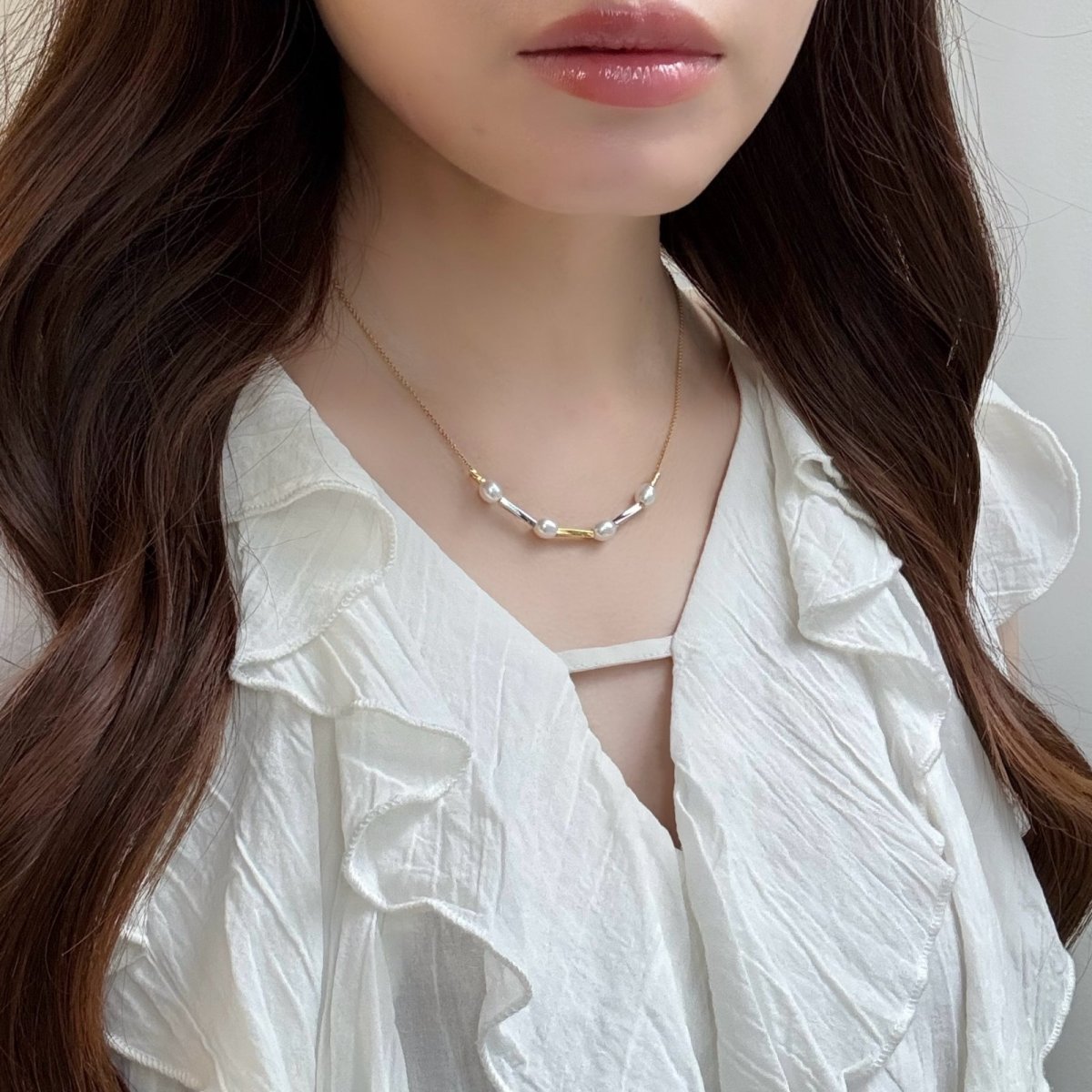 画像6: 淡水真珠　パールネックレス　5.5×6.5-7mm　オフラウンド ライス型　14KGF　シルバー　ブラス　40cm＋5cm (6)