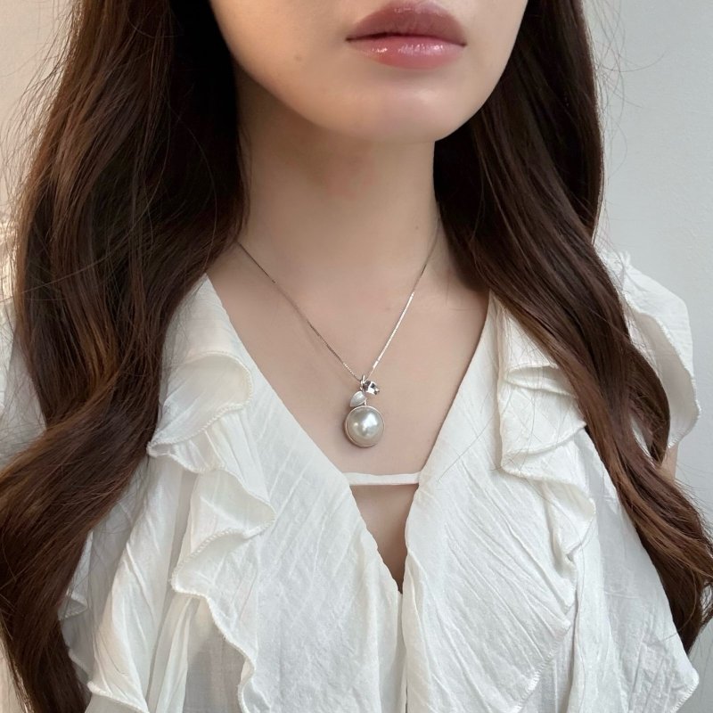 マベパール　ペンダントネックレス イヤリング セット リボン　SILVER マベ真珠ペンダント ネックレス 17.8-18mm ホワイト 半円 45cm
