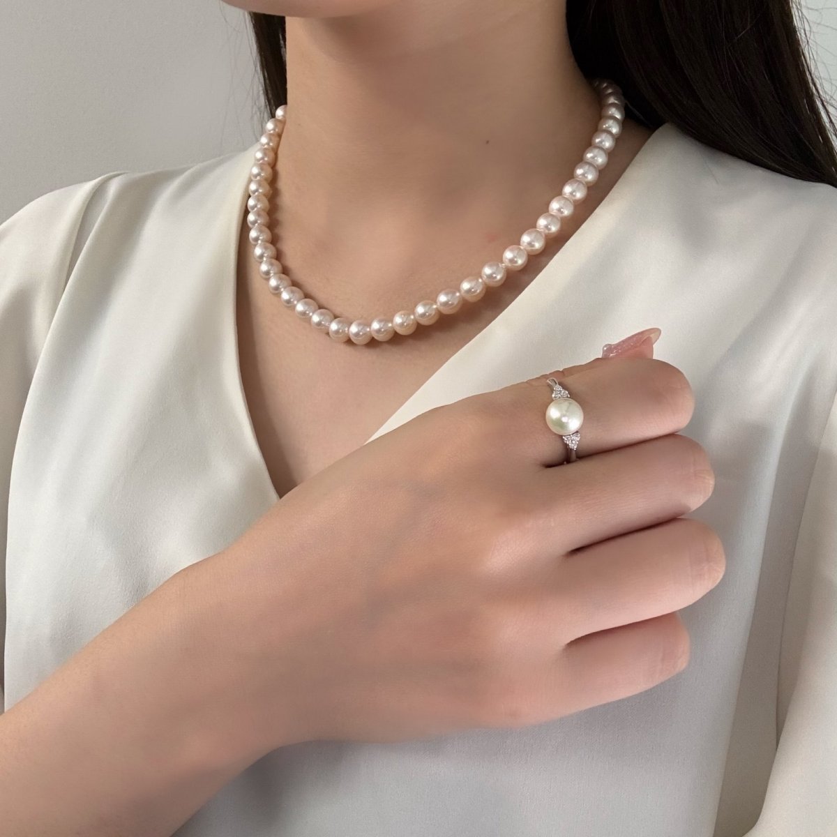 アコヤ真珠 パールリング 7.5-8mm ホワイト ラウンド キュービックジルコニア SV製 11-13号