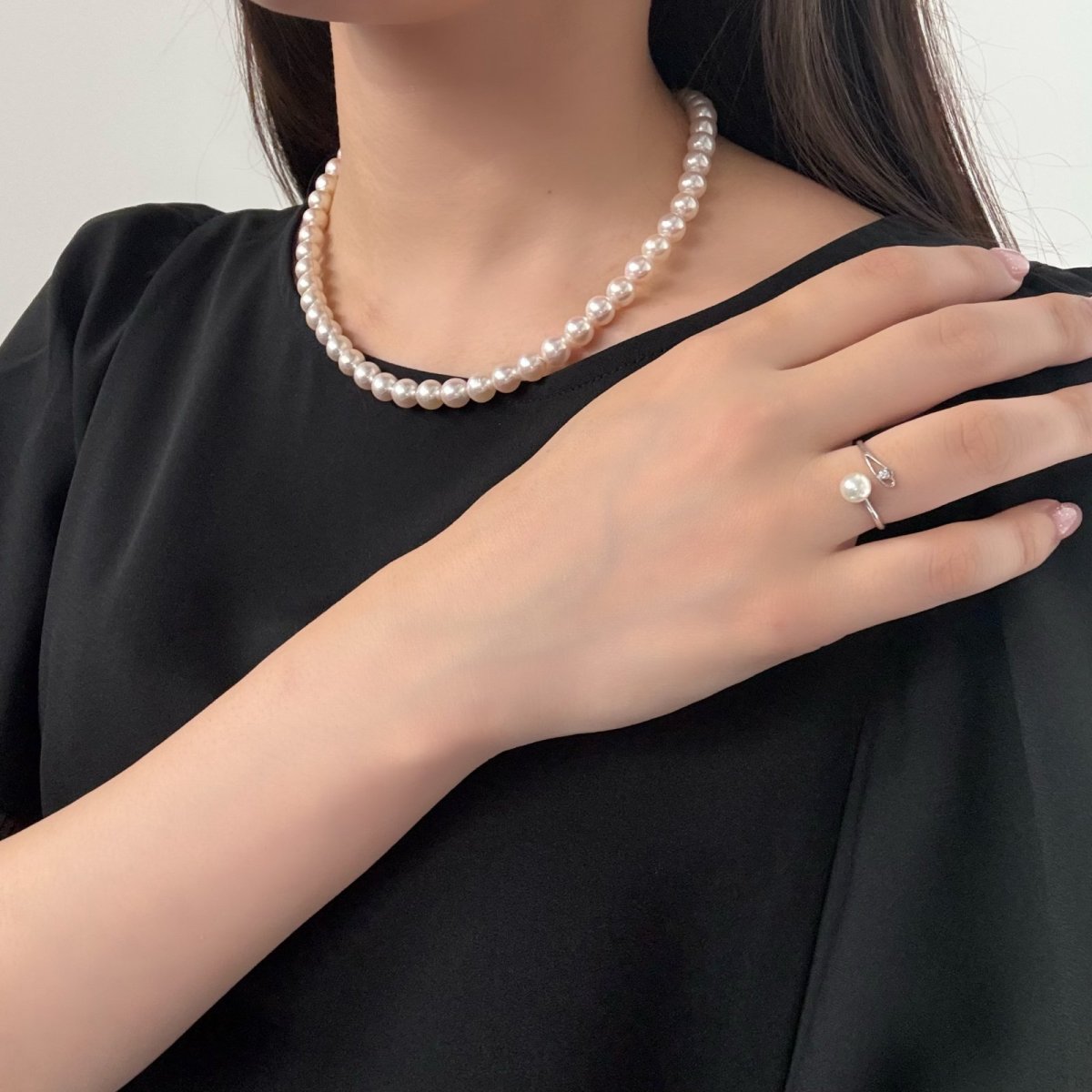 アコヤ真珠 フォークリング 5.5-6mm ホワイト ラウンド K18WG ダイヤ 約10号(9号〜11号)