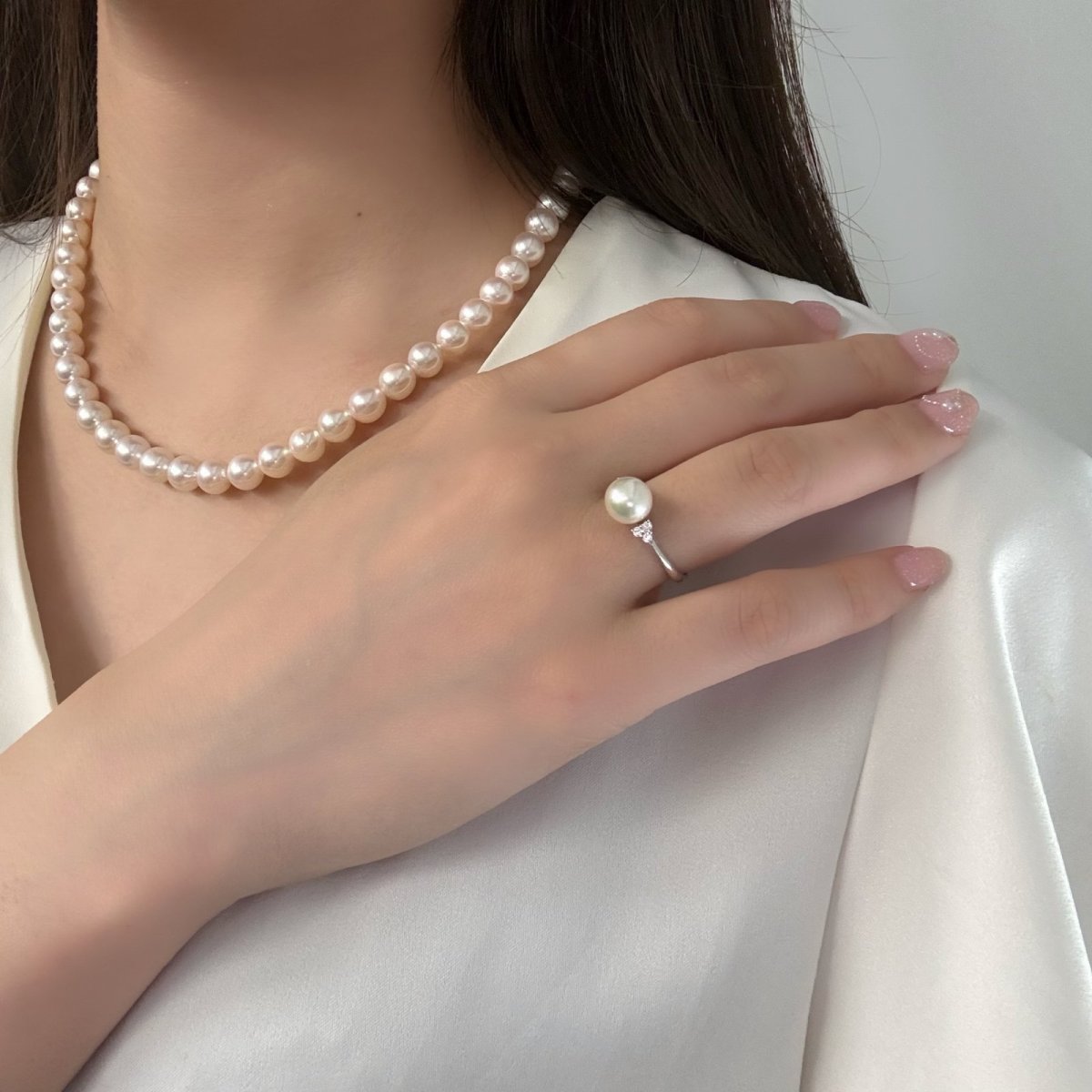 アコヤ真珠 パールリング 7.5-8mm ホワイト ラウンド キュービックジルコニア SV製 11-13号