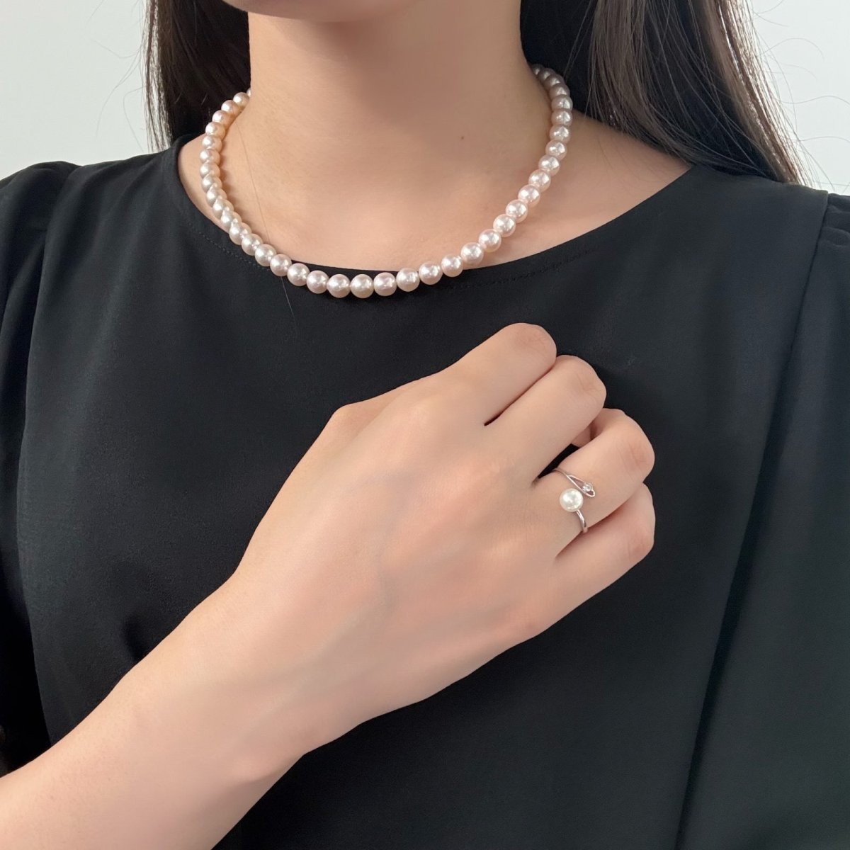 アコヤ真珠 フォークリング 5.5-6mm ホワイト ラウンド K18WG ダイヤ 約10号(9号〜11号)