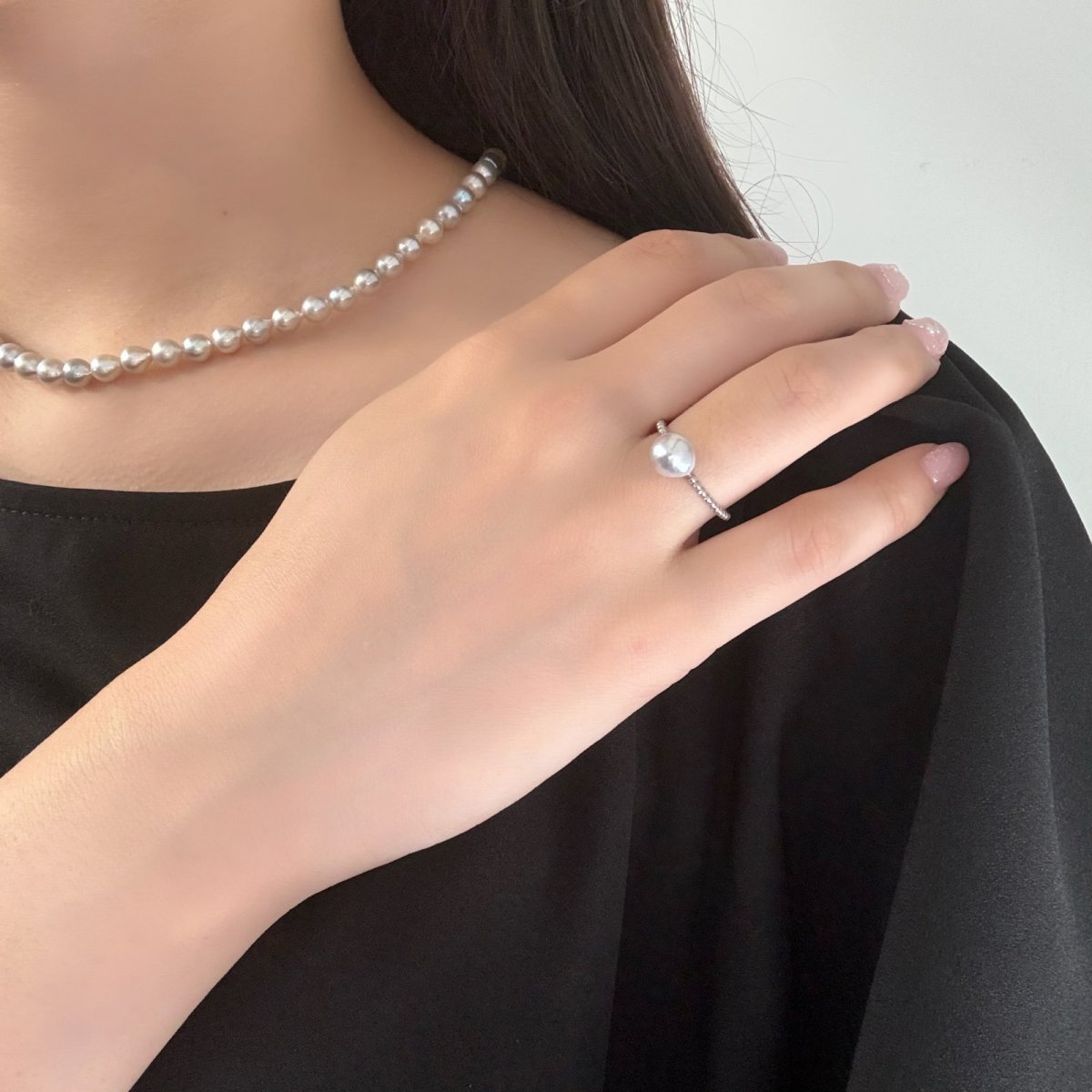 アコヤ真珠 パールリング 7ｍｍ ナチュラルグレー 無調色  バロック SV925製 11号