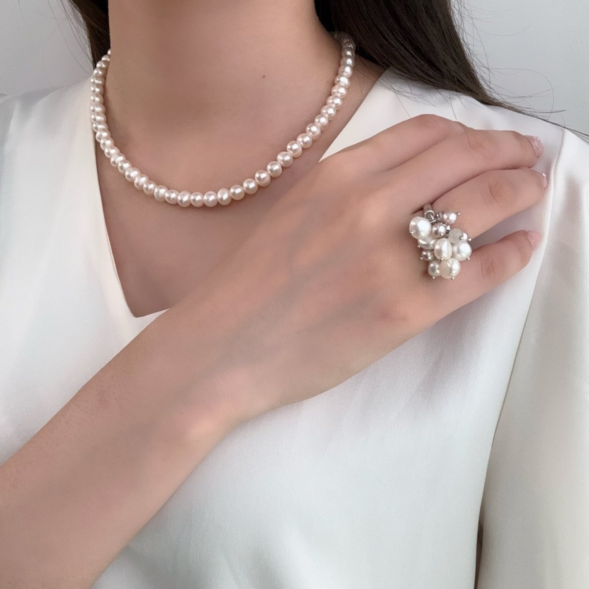 画像6: 淡水真珠 パールリング 4-5ｍｍ 6-8ｍｍ ホワイト ピンク フラット型 ポテトシェイプ ローズクォーツ フリーサイズ SV925製 (6)