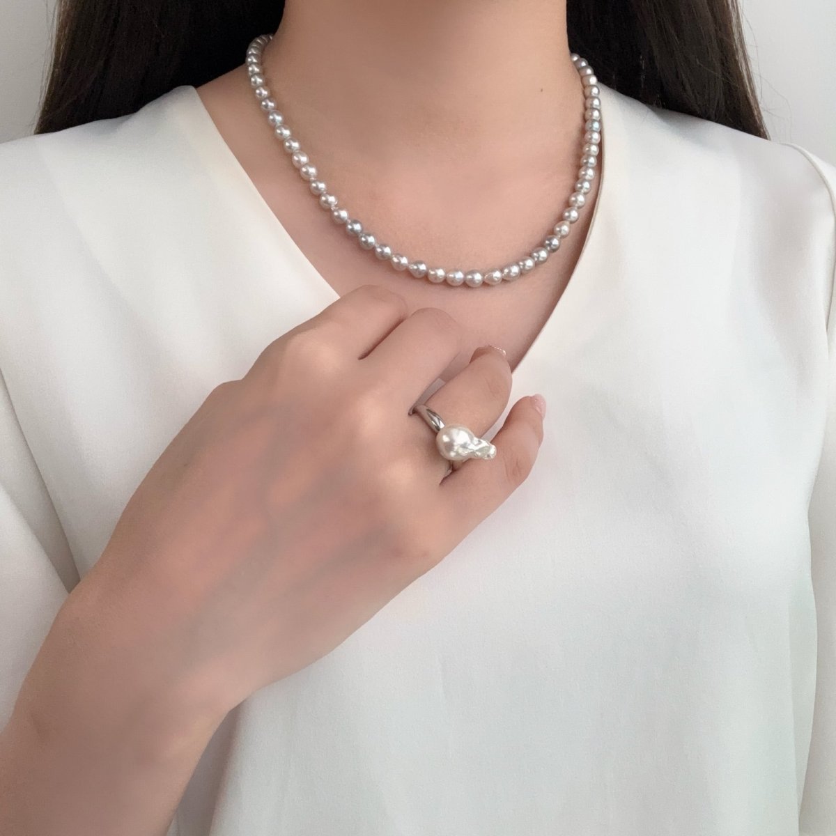 アコヤ真珠 パールリング 9-10ｍｍ ナチュラルグレー 無調色  バロック SV製 12号