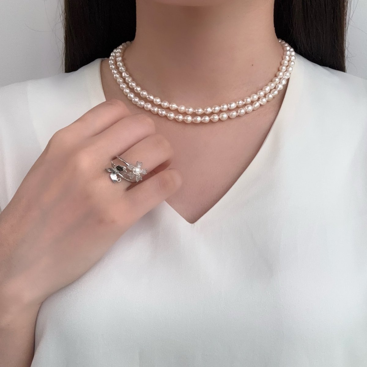 アコヤ真珠 パールリング 4-4.5mm ホワイト ラウンド SV製 12号(サイズ変更可能) 蝶・花モチーフ