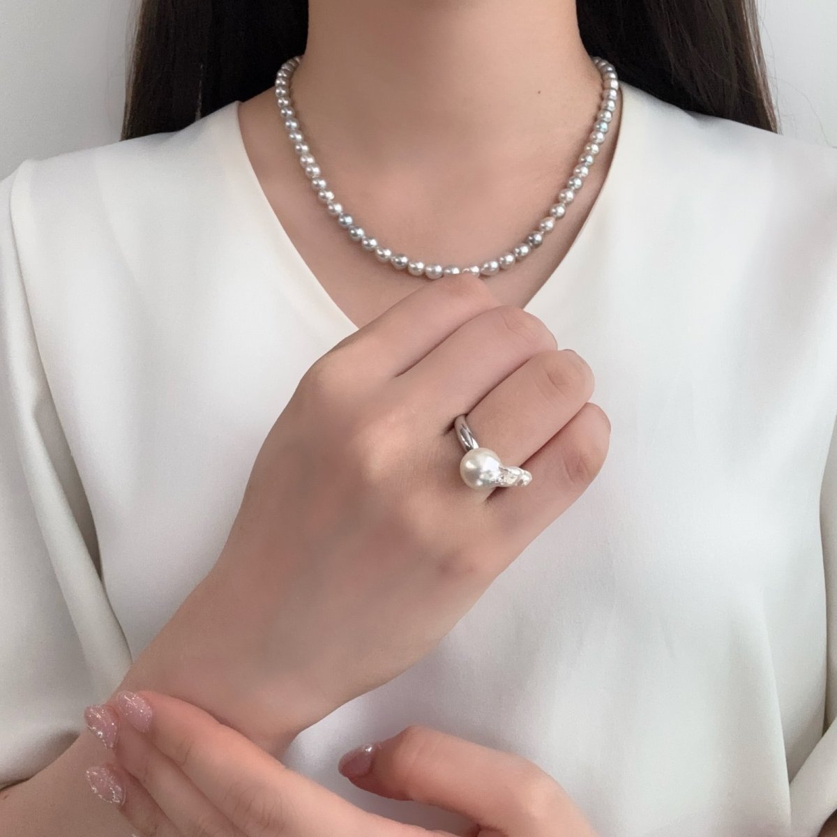 アコヤ真珠 パールリング 9-10ｍｍ ナチュラルグレー 無調色  バロック SV製 12号