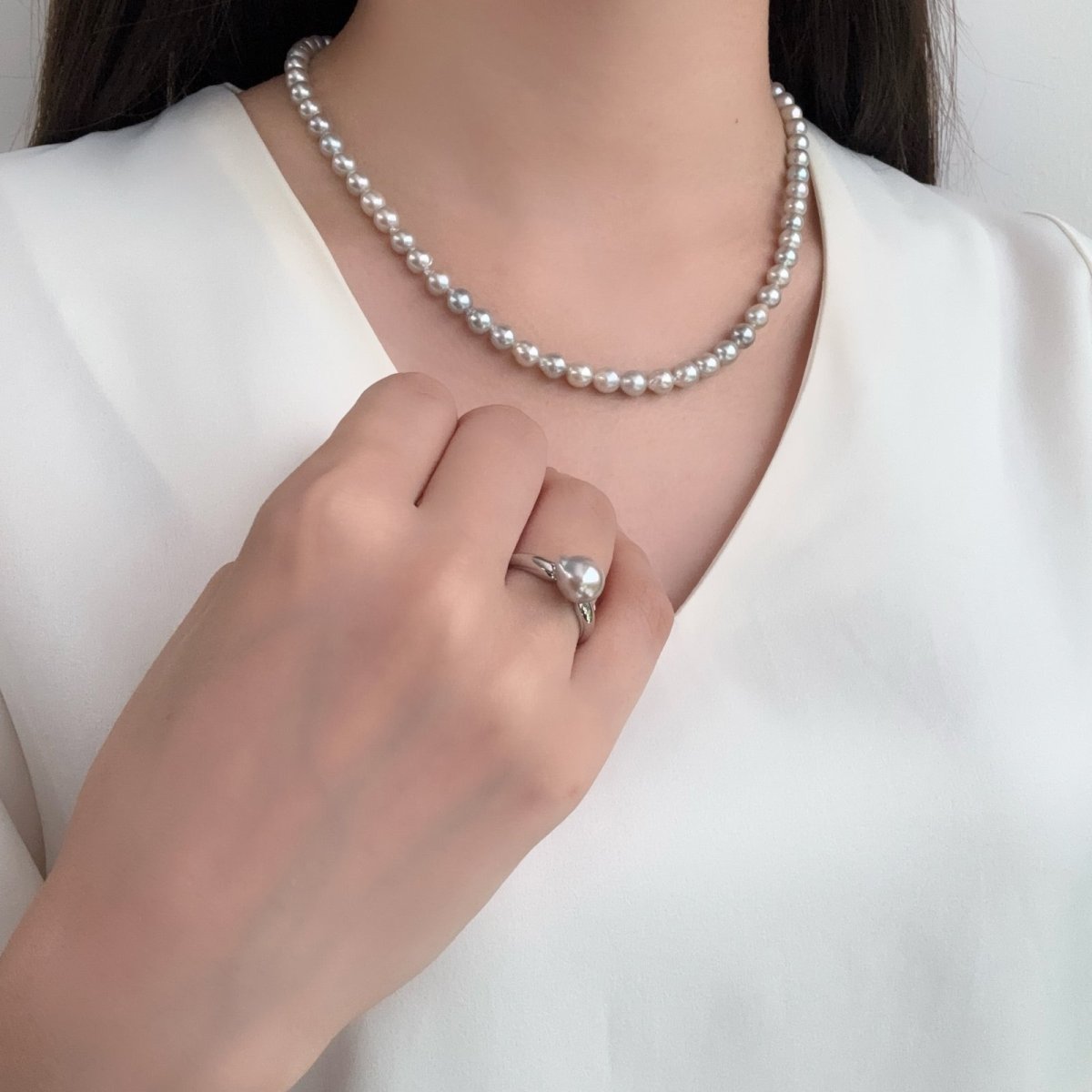 アコヤ真珠 パールリング 7.5-8ｍｍ  バロック ナチュラルグレー 無調色 13号 SV製　