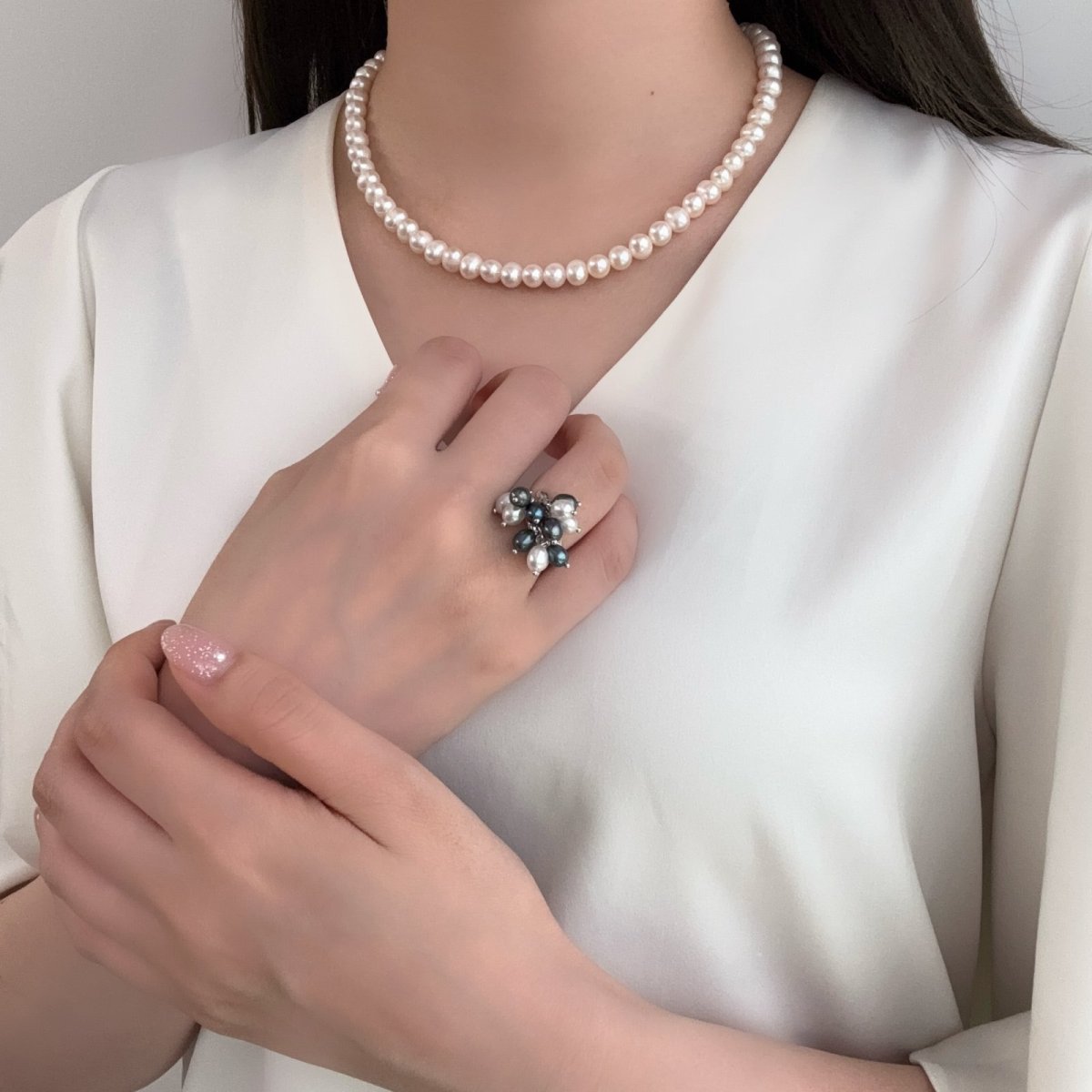 画像5: 淡水真珠 パールリング 4.5-5.5ｍｍ ホワイト ブラック オーバルシェイプ フリーサイズ  SV925製　 (5)