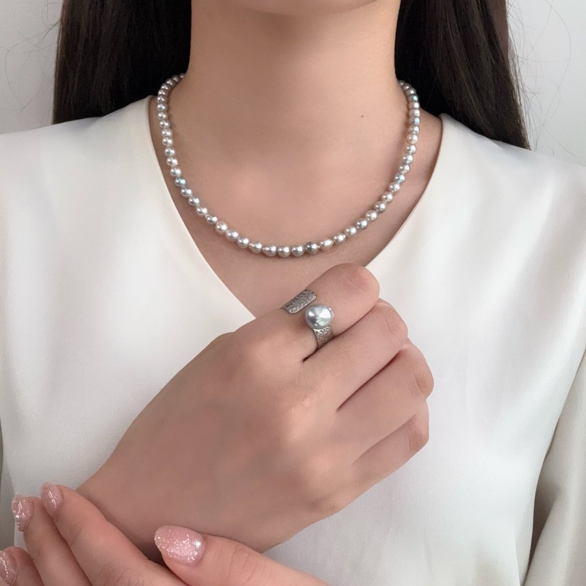 アコヤ真珠 フォークリング 7.5-8ｍｍ ナチュラルグレー 無調色  バロック SV製 11-12号(調整可能)