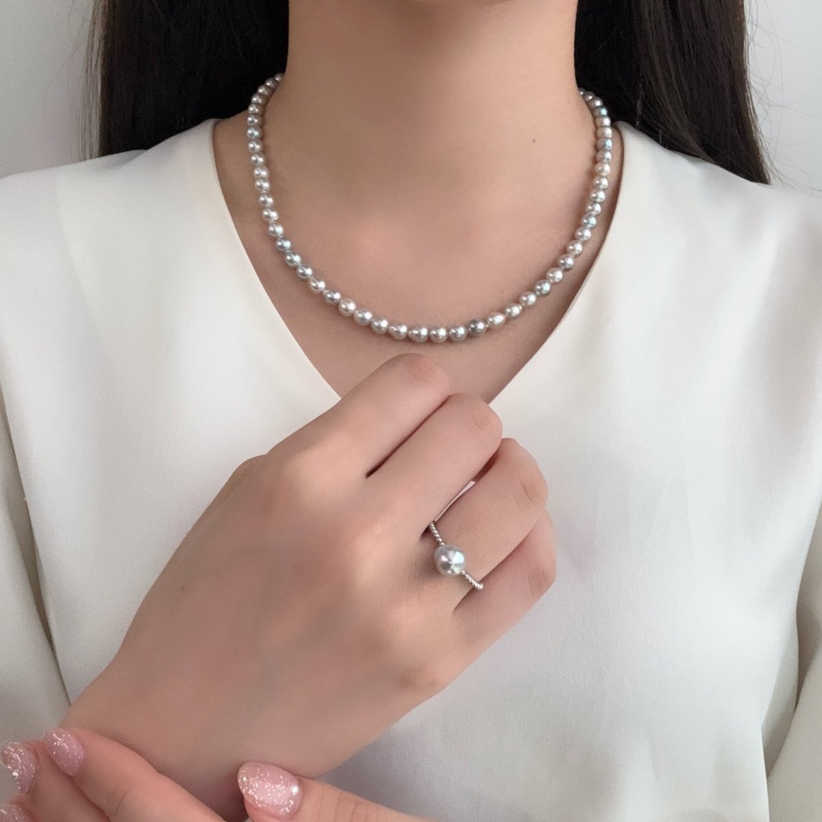 アコヤ真珠 パールリング 7ｍｍ ナチュラルグレー 無調色  バロック SV925製 11号