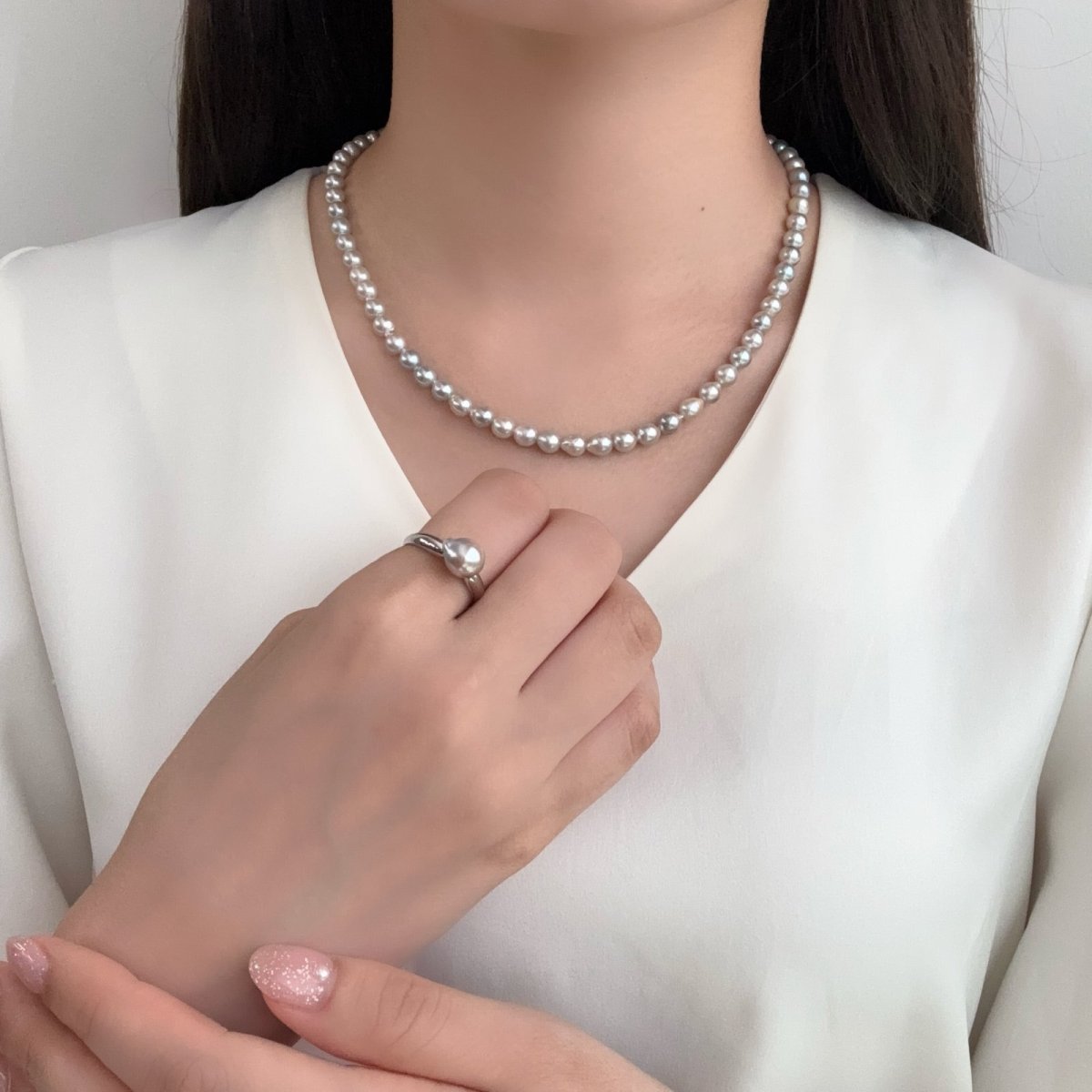 アコヤ真珠 パールリング 7.5-8ｍｍ  バロック ナチュラルグレー 無調色 13号 SV製　