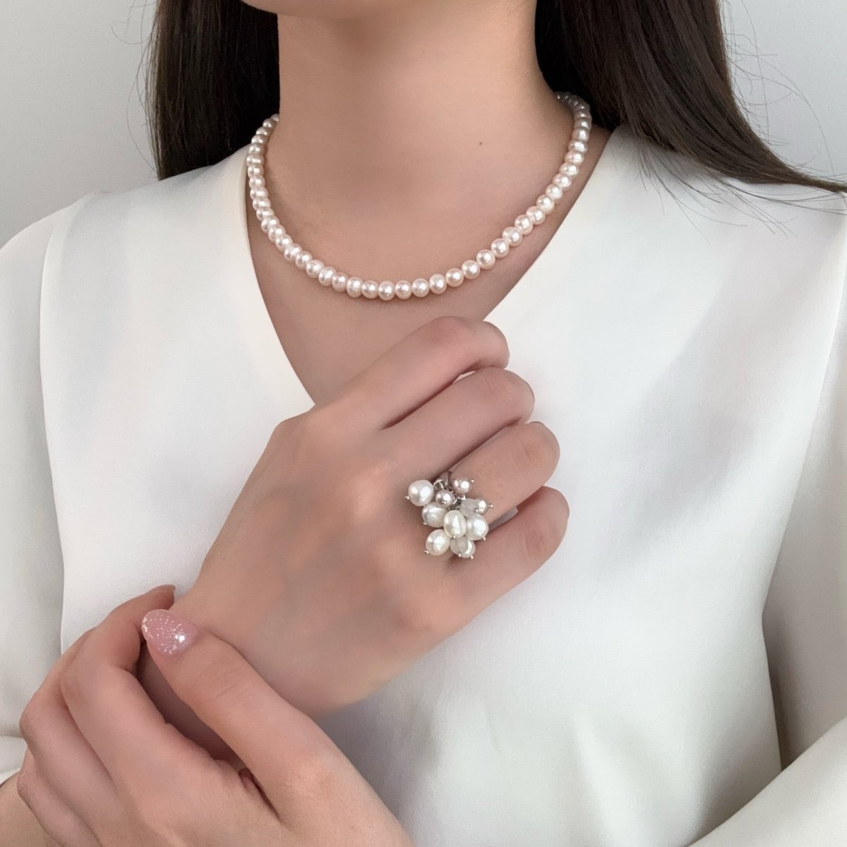 画像5: 淡水真珠 パールリング 4-5ｍｍ 6-8ｍｍ ホワイト ピンク フラット型 ポテトシェイプ ローズクォーツ フリーサイズ SV925製 (5)