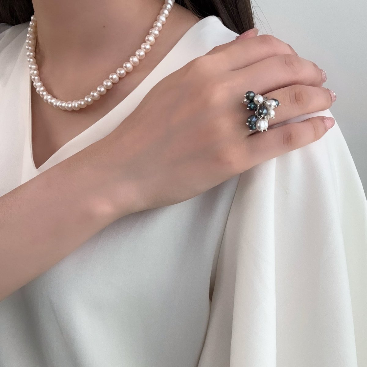 画像6: 淡水真珠 パールリング 4.5-5.5ｍｍ ホワイト ブラック オーバルシェイプ フリーサイズ  SV925製　 (6)