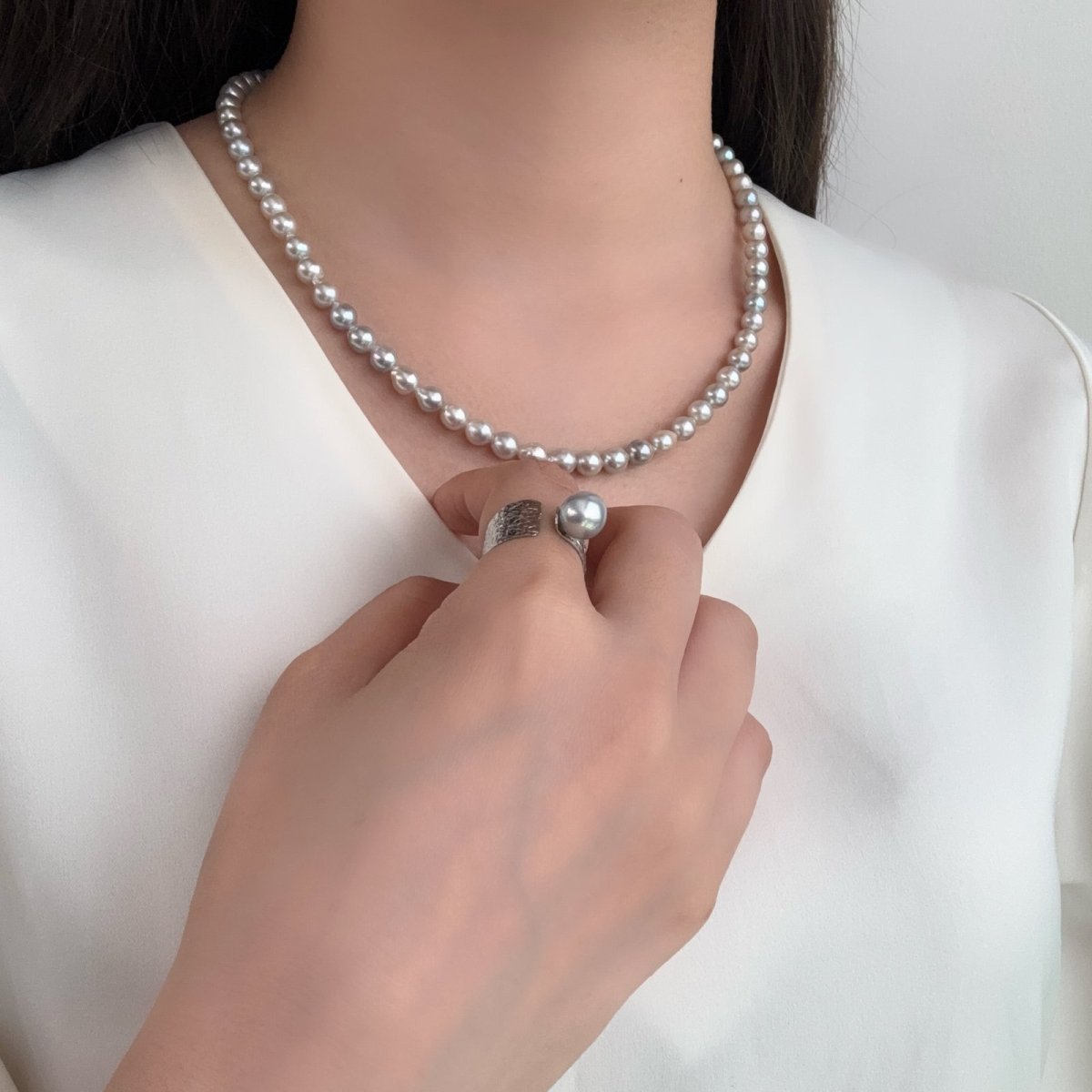 アコヤ真珠 フォークリング 7.5-8ｍｍ ナチュラルグレー 無調色  バロック SV製 11-12号(調整可能)