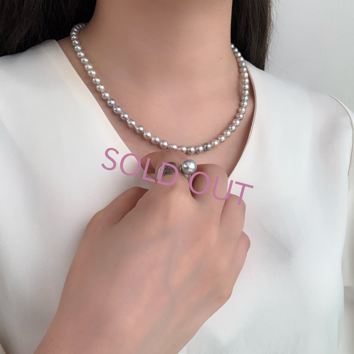 アコヤ真珠 フォークリング 7.5-8ｍｍ ナチュラルグレー 無調色  バロック SV製 11-12号(調整可能)