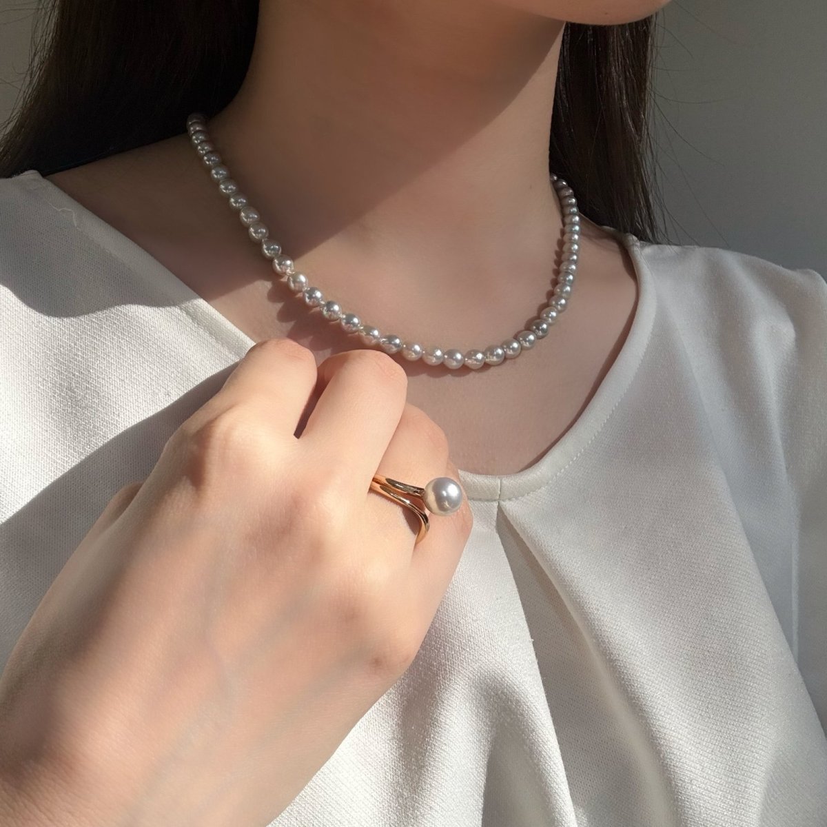 アコヤ真珠 パールリング 8-8.5mm ナチュラルグレー 無調色  ラウンド K14YG 12号 1点物