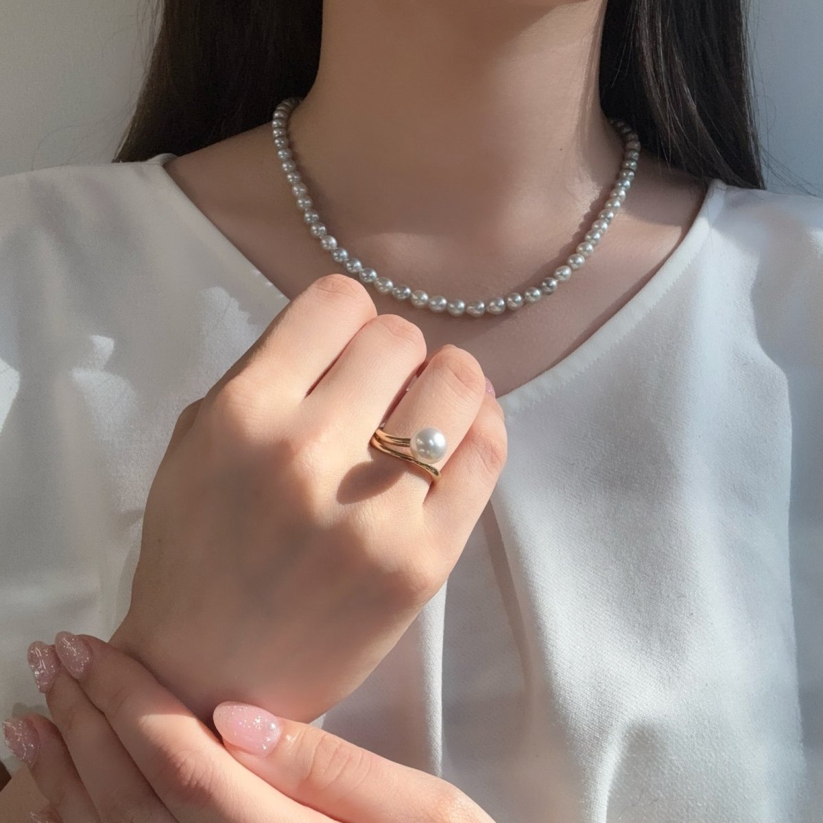 アコヤ真珠 パールリング 8-8.5mm ナチュラルグレー 無調色  ラウンド K14YG 12号 1点物