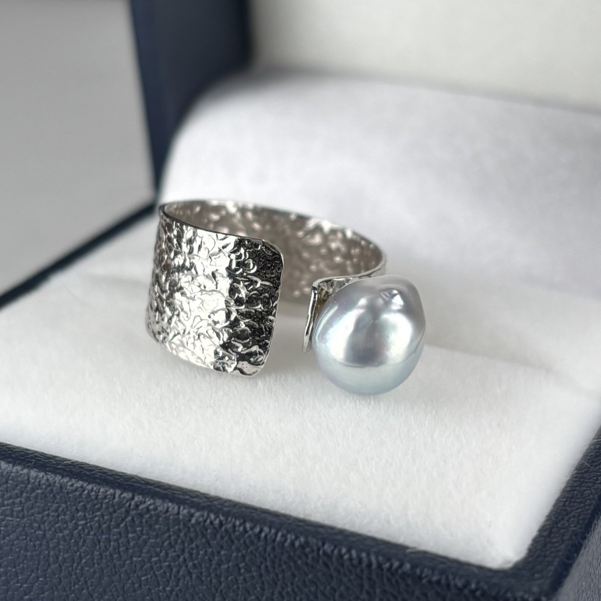 アコヤ真珠 フォークリング 7.5-8ｍｍ ナチュラルグレー 無調色  バロック SV製 11-12号(調整可能)