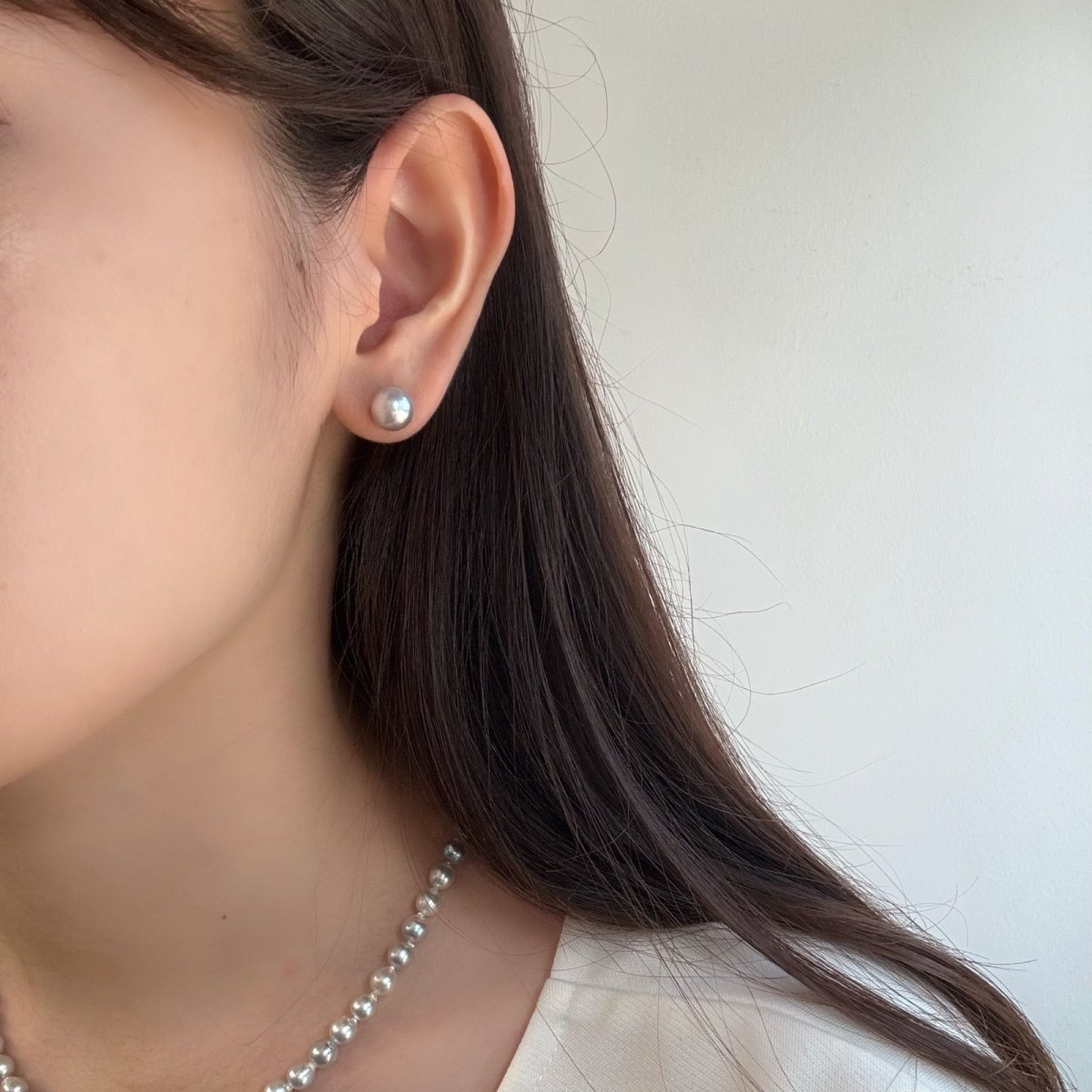 アコヤ真珠 パールピアス 8-8.5ｍｍ セミバロック ナチュラルグレー 無調色 K14WG 