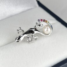 ≪1点物≫アコヤ真珠 ヤモリモチーフ ピンブローチ 4-4.5mm ホワイト ラウンド サファイヤ ブルートパーズ ペリドット シトリン ガーネット ルビー アメジスト