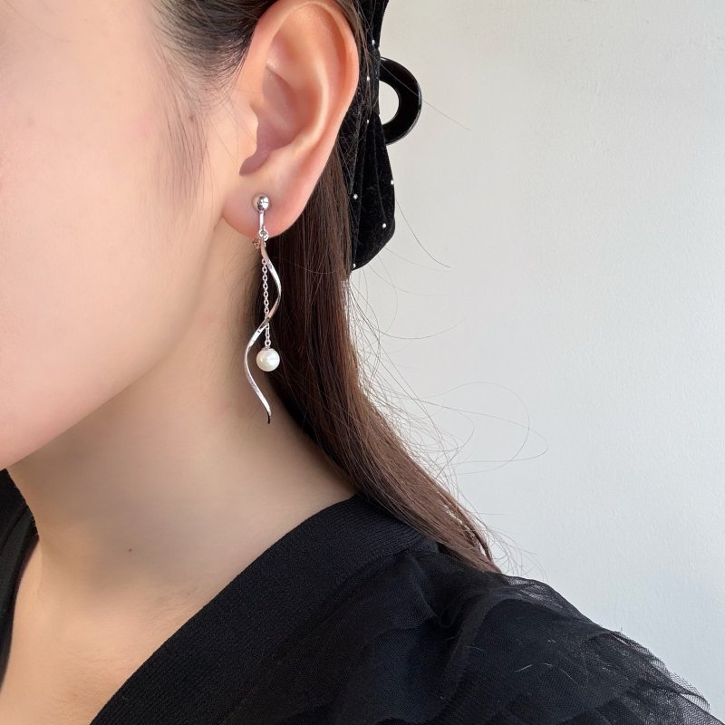 アコヤ真珠 ロングチェーンパールピアス イヤリング 6-6.5mm ホワイト