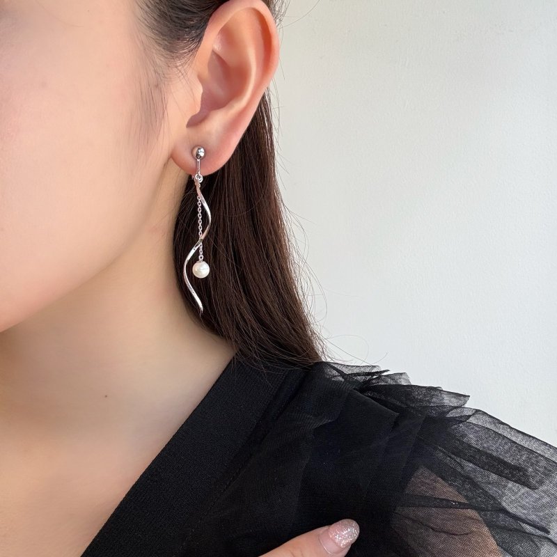 アコヤ真珠 ロングチェーンパールピアス イヤリング 6-6.5mm ホワイト
