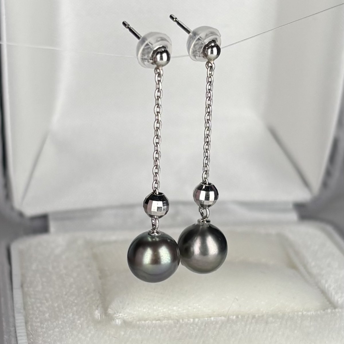 ≪1点物≫黒蝶真珠 チェーンパールピアス 7.5-8mm グリーン系 セミラウンド Pt GIA宝石鑑定士保証書付き 