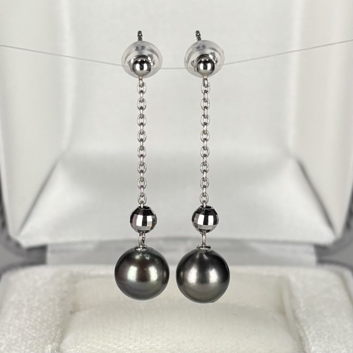 ≪1点物≫黒蝶真珠 チェーンパールピアス 7.5-8mm グリーン系 セミラウンド Pt GIA宝石鑑定士保証書付き 
