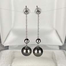 ≪1点物≫黒蝶真珠 チェーンパールピアス 7.5-8mm グリーン系 セミラウンド Pt GIA宝石鑑定士保証書付き 