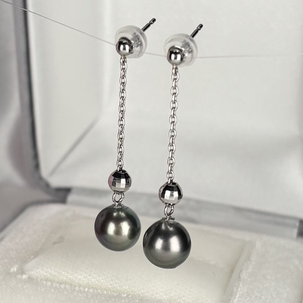 ≪1点物≫黒蝶真珠 チェーンパールピアス 7.5-8mm グリーン系 セミラウンド Pt GIA宝石鑑定士保証書付き 